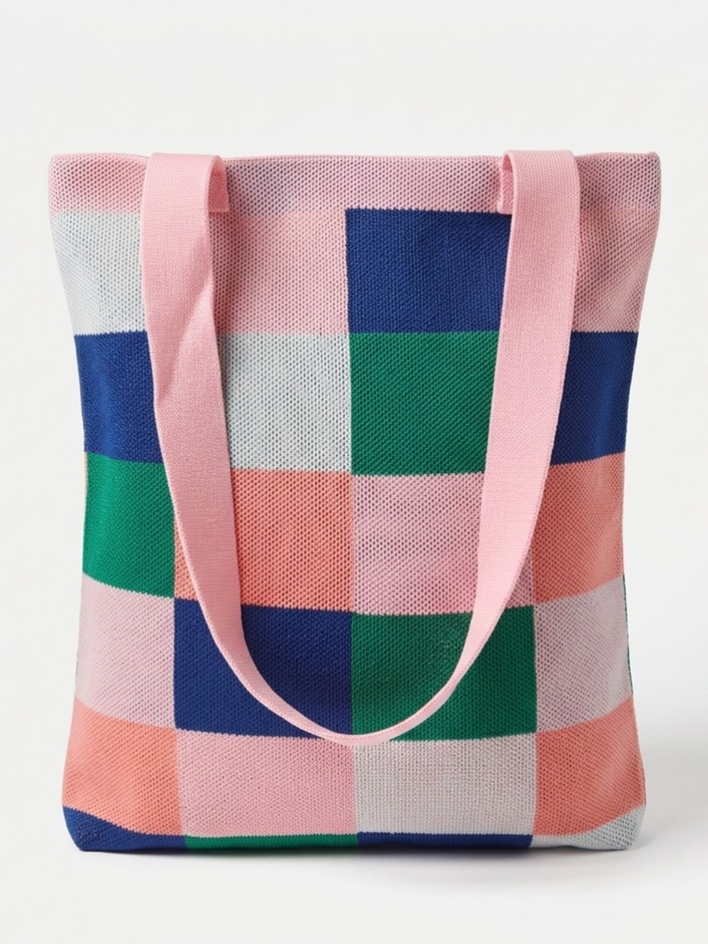 Knit Checkered Tote Bag in Pink, Blue & Green